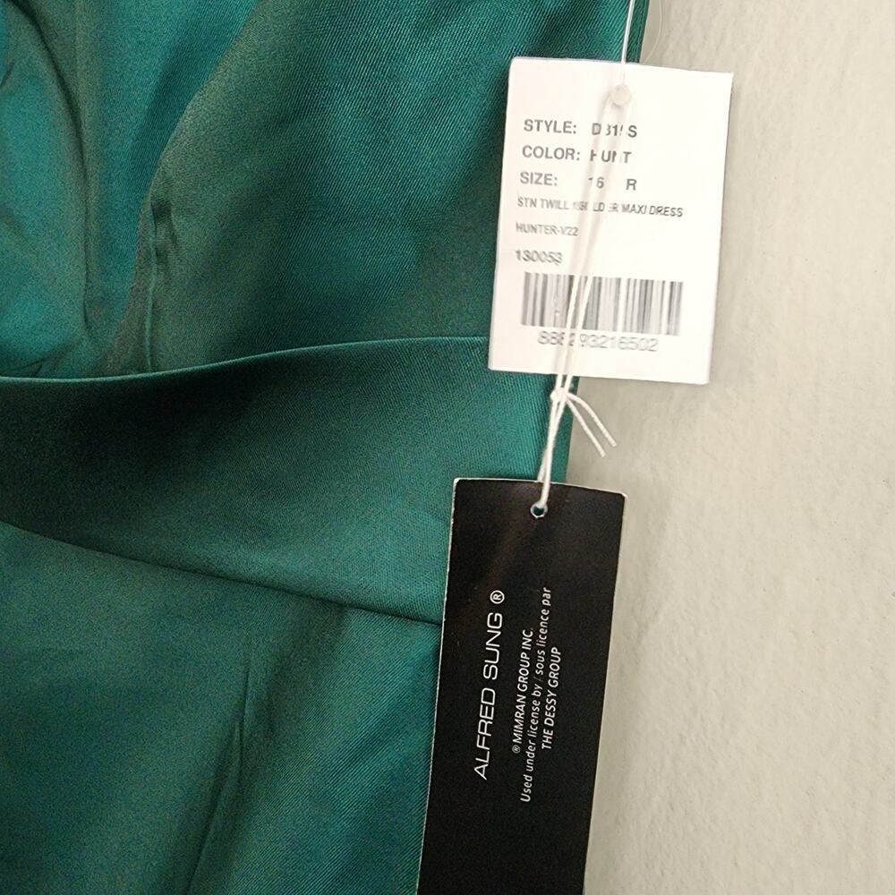 Alfred Sung One Shoulder Satin A-Line Gown Hunter Green Pockets NWT Plus Size 16 - Picture 5 of 9